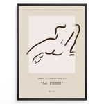 Ladda upp bild till gallerivisning, Framed “La Femme No.07” poster with minimalist brown line art of a reclining female silhouette on a beige and blush background.
