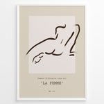 Ladda upp bild till gallerivisning, Framed “La Femme No.07” poster with minimalist brown line art of a reclining female silhouette on a beige and blush background.

