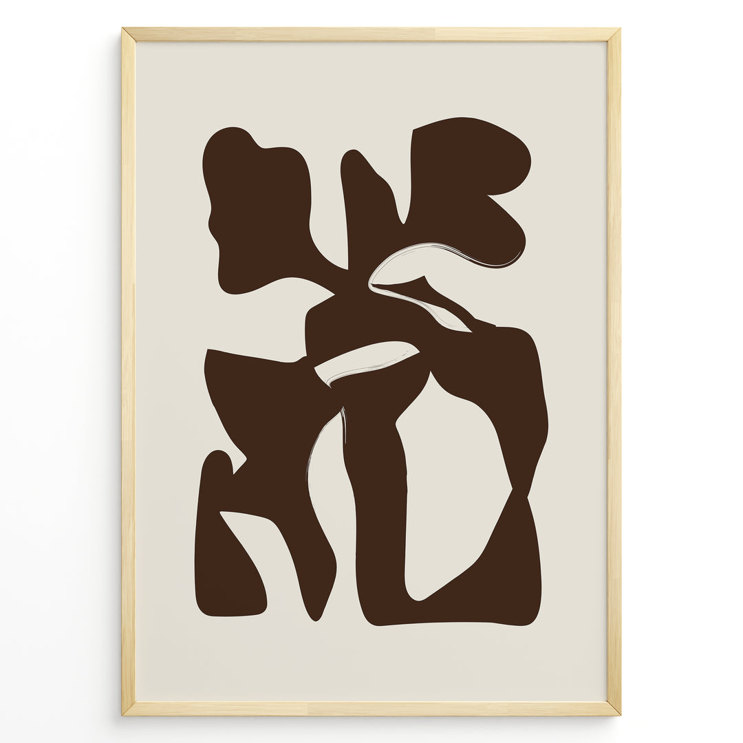 Framed abstract poster with bold brown organic shapes on a beige background in a minimalist modern style.