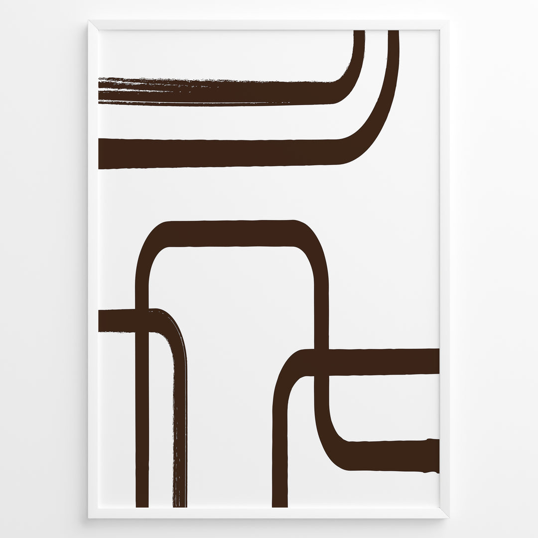 Framed geometric abstract poster with bold brown curved lines on a white background in a minimalist modern style.
