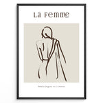 Ladda upp bild till gallerivisning, Framed “La Femme No.1” poster with minimalist brown line art of a woman’s back draped in fabric on a beige background.
