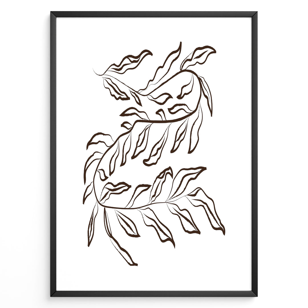 Framed botanical poster with elegant brown line art of flowing leafy branches on a white background in a minimalist modern style.