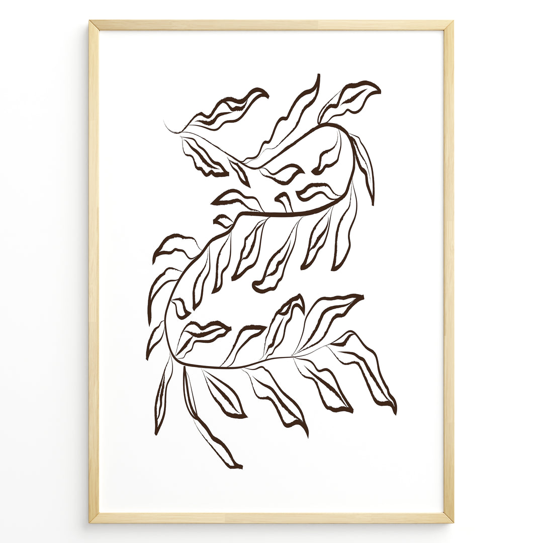 Framed botanical poster with elegant brown line art of flowing leafy branches on a white background in a minimalist modern style.