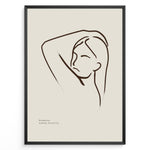 Ladda upp bild till gallerivisning, Framed minimalist poster with elegant brown line art of a woman’s face and raised arm on a beige background.
