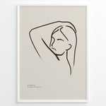Ladda upp bild till gallerivisning, Framed minimalist poster with elegant brown line art of a woman’s face and raised arm on a beige background.
