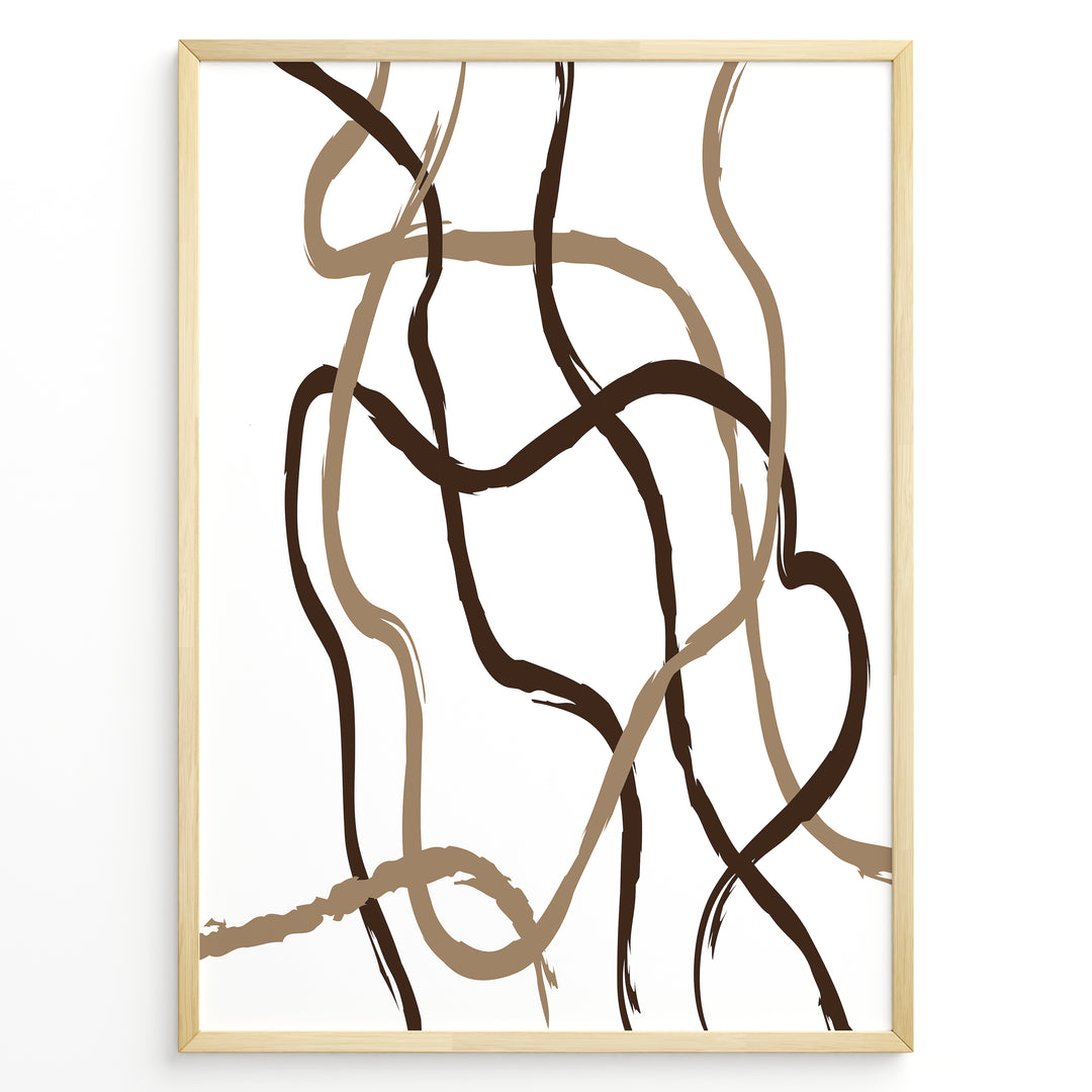 Framed abstract poster with brown and beige curved brushstroke lines on a white background in a minimalist modern design.