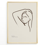 Ladda upp bild till gallerivisning, Framed minimalist poster with elegant brown line art of a woman’s face and raised arm on a beige background.
