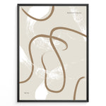 Ladda upp bild till gallerivisning, Framed abstract bohemian poster with beige background and smooth brown curved lines with white brush texture, minimalist wall art.
