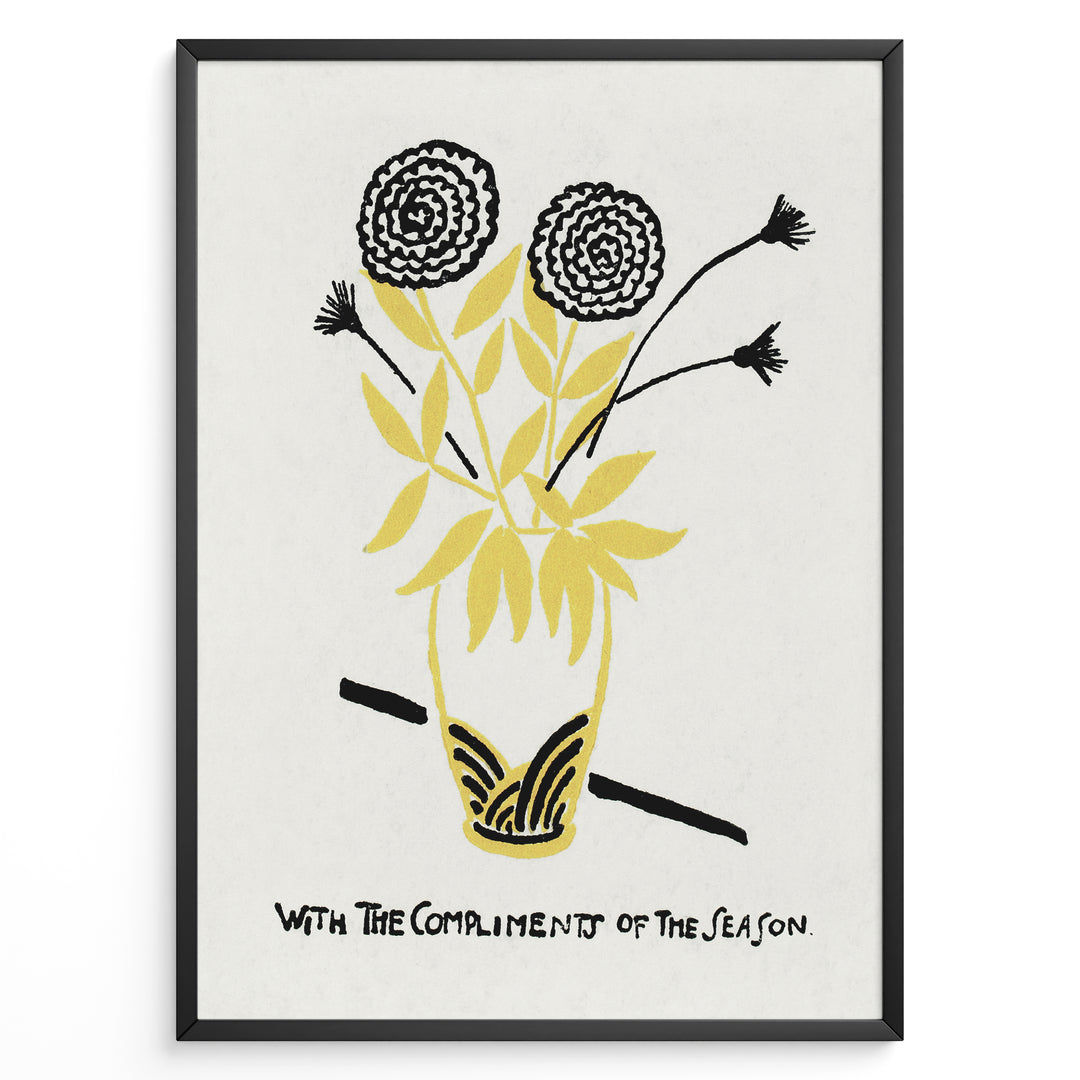 Framed vintage floral poster with black and yellow flowers in a vase and handwritten text reading “With the Compliments of the Season.”