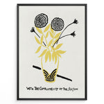 Ladda upp bild till gallerivisning, Framed vintage floral poster with black and yellow flowers in a vase and handwritten text reading “With the Compliments of the Season.”
