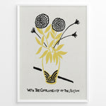 Ladda upp bild till gallerivisning, Framed vintage floral poster with black and yellow flowers in a vase and handwritten text reading “With the Compliments of the Season.”
