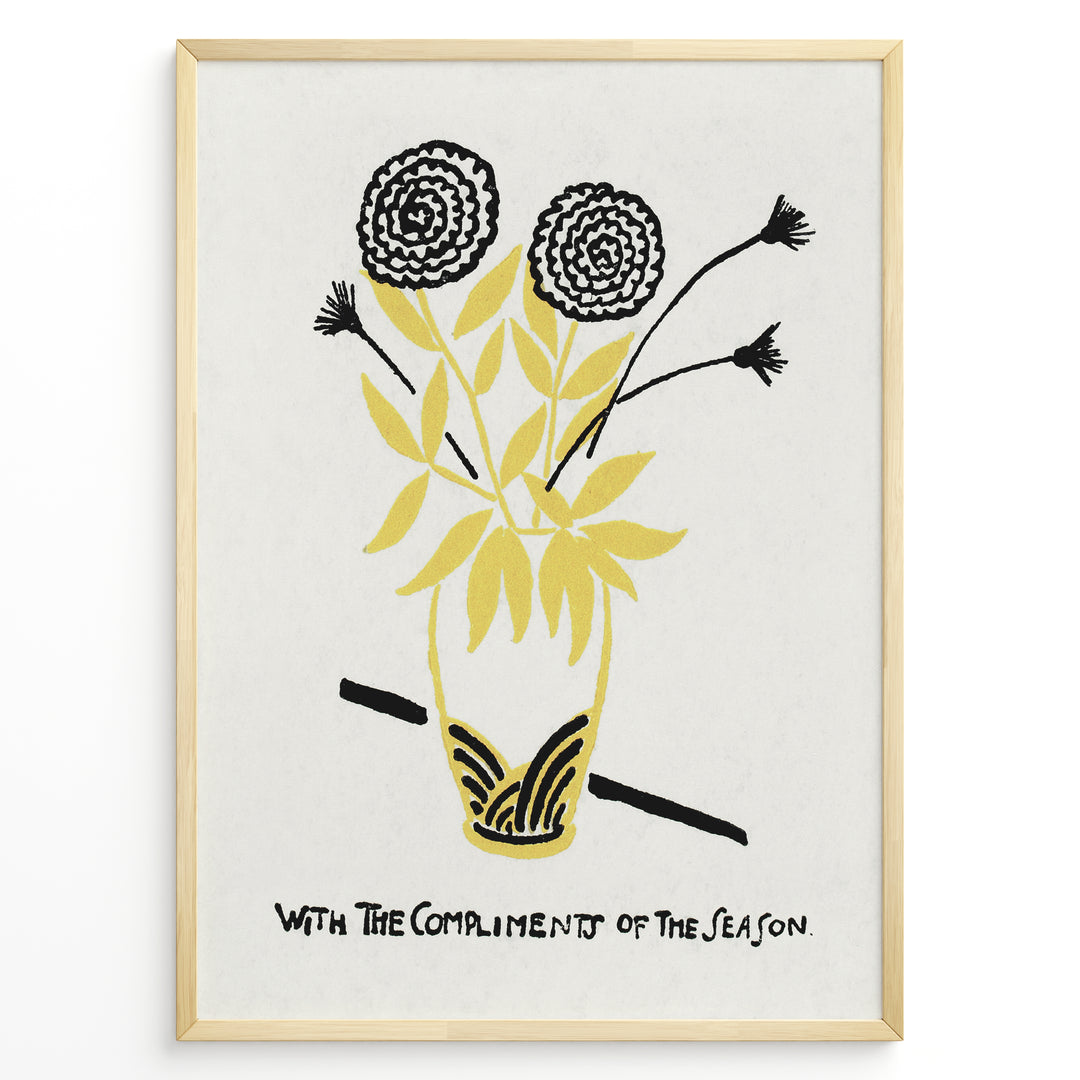 Framed vintage floral poster with black and yellow flowers in a vase and handwritten text reading “With the Compliments of the Season.”