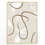 Ladda upp bild till gallerivisning, Framed abstract bohemian poster with beige background and smooth brown curved lines with white brush texture, minimalist wall art.
