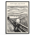 Ladda upp bild till gallerivisning, Framed black-and-white poster of Edvard Munch’s The Scream featuring a figure on a bridge with swirling sky lines.
