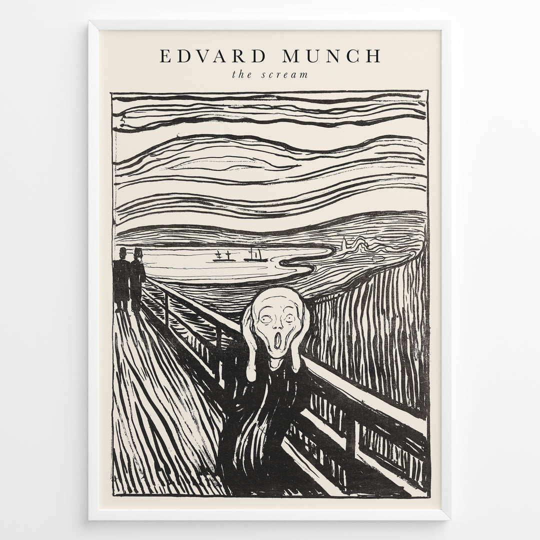 Framed black-and-white poster of Edvard Munch’s The Scream featuring a figure on a bridge with swirling sky lines.
