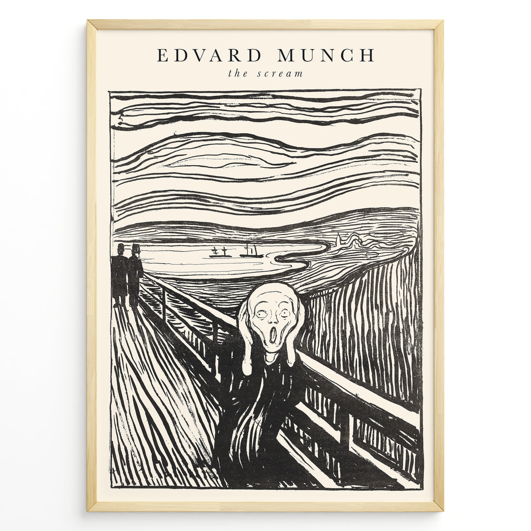 Framed black-and-white poster of Edvard Munch’s The Scream featuring a figure on a bridge with swirling sky lines.