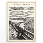 Ladda upp bild till gallerivisning, Framed black-and-white poster of Edvard Munch’s The Scream featuring a figure on a bridge with swirling sky lines.
