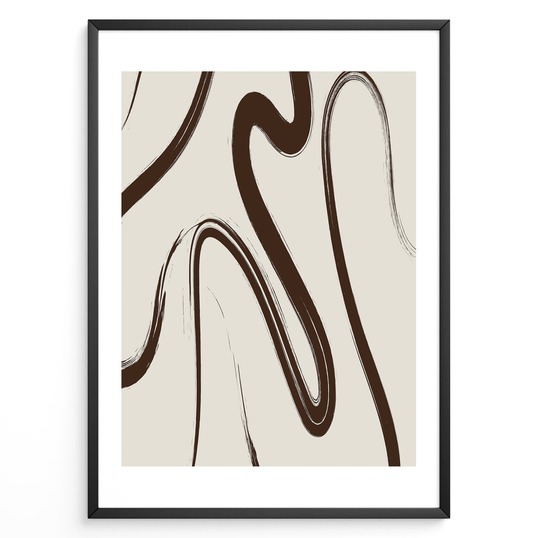 Framed abstract line art poster with fluid brown brush strokes on a light beige background in a minimalist modern style.