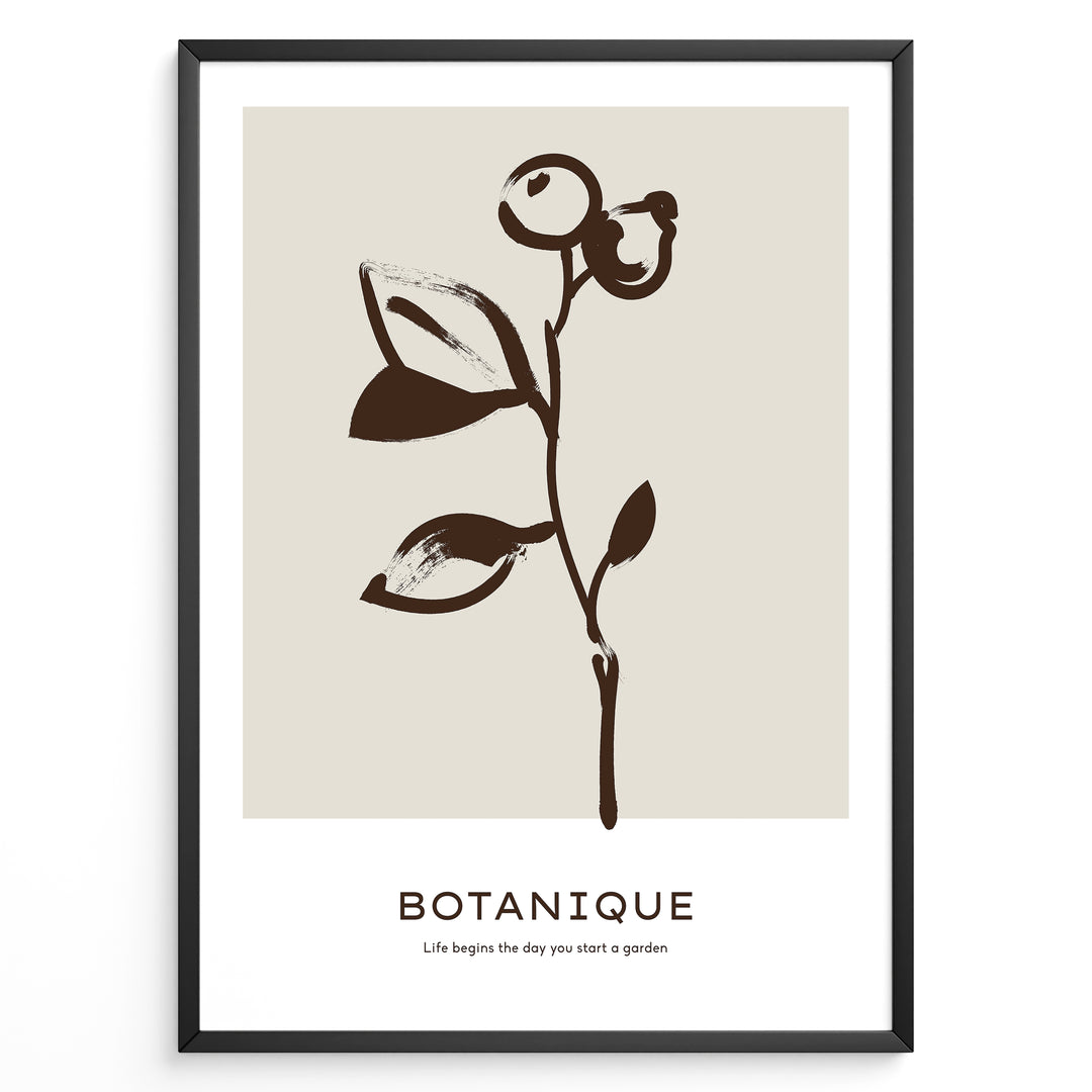 Framed minimalist botanical poster with dark brown hand-drawn plant on a beige background and the word “Botanique” written below.