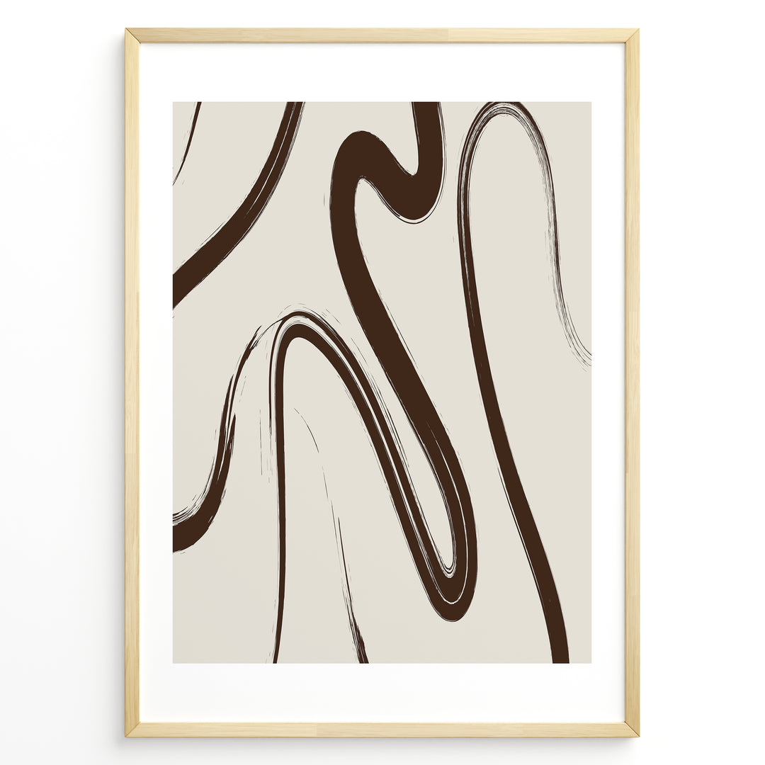 Framed abstract line art poster with fluid brown brush strokes on a light beige background in a minimalist modern style.