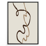 Ladda upp bild till gallerivisning, Framed minimalist abstract poster featuring fluid brown and beige curved lines on a soft neutral background.
