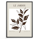 Ladda upp bild till gallerivisning, Framed minimalist poster titled “Le Jardin” featuring brown botanical leaf line art on a soft beige and white background.
