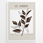 Ladda upp bild till gallerivisning, Framed minimalist poster titled “Le Jardin” featuring brown botanical leaf line art on a soft beige and white background.
