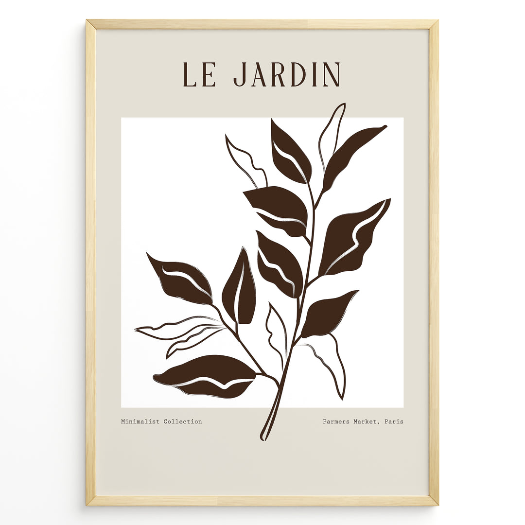 Framed minimalist poster titled “Le Jardin” featuring brown botanical leaf line art on a soft beige and white background.