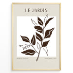 Ladda upp bild till gallerivisning, Framed minimalist poster titled “Le Jardin” featuring brown botanical leaf line art on a soft beige and white background.
