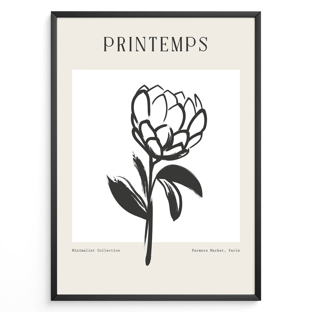 Framed minimalist “Printemps” poster featuring black line art of a blooming flower on a white and beige background.