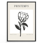 Ladda upp bild till gallerivisning, Framed minimalist “Printemps” poster featuring black line art of a blooming flower on a white and beige background.
