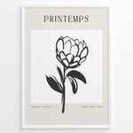Ladda upp bild till gallerivisning, Framed minimalist “Printemps” poster featuring black line art of a blooming flower on a white and beige background.

