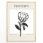 Ladda upp bild till gallerivisning, Framed minimalist “Printemps” poster featuring black line art of a blooming flower on a white and beige background.
