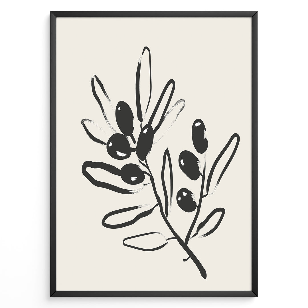 Framed minimalist poster featuring black olive branch line art with leaves and olives on a light beige background.
