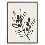 Ladda upp bild till gallerivisning, Framed minimalist poster featuring black olive branch line art with leaves and olives on a light beige background.
