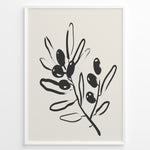 Ladda upp bild till gallerivisning, Framed minimalist poster featuring black olive branch line art with leaves and olives on a light beige background.
