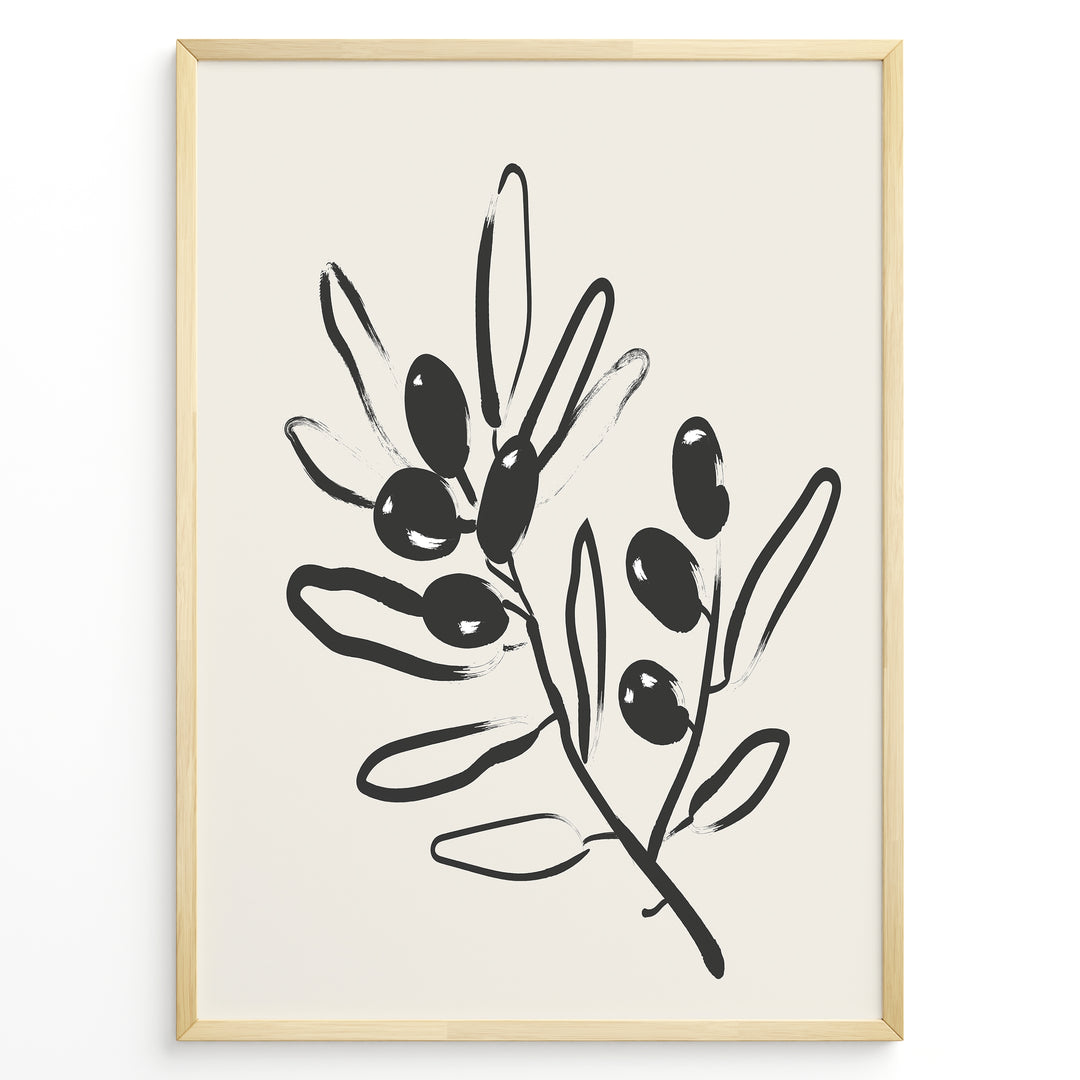 Framed minimalist poster featuring black olive branch line art with leaves and olives on a light beige background.