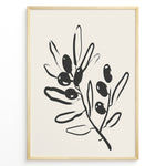 Ladda upp bild till gallerivisning, Framed minimalist poster featuring black olive branch line art with leaves and olives on a light beige background.
