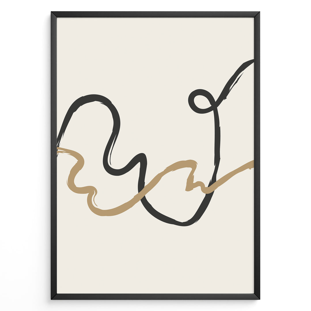 Framed minimalist abstract poster with black and beige curved lines on a light cream background.