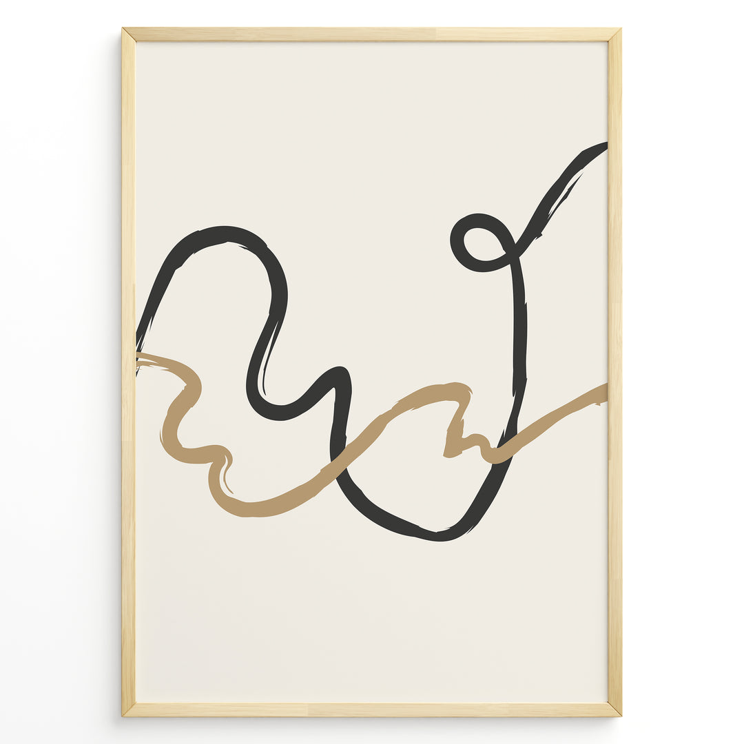 Framed minimalist abstract poster with black and beige curved lines on a light cream background.
