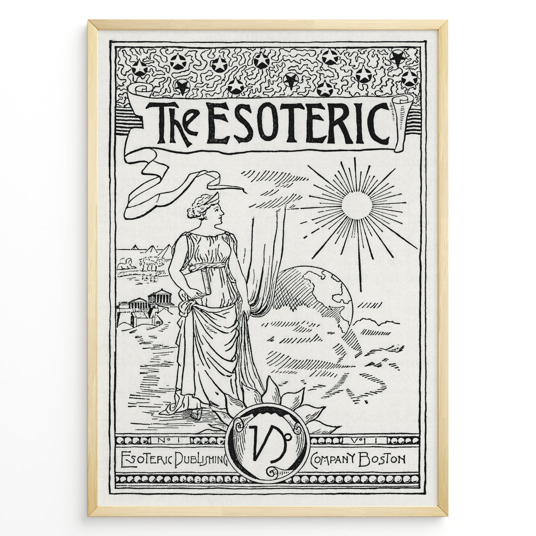 Vintage black and white esoteric art print featuring a woman, sun, and globe in a black frame.