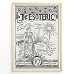 Ladda upp bild till gallerivisning, Vintage black and white esoteric art print featuring a woman, sun, and globe in a black frame.
