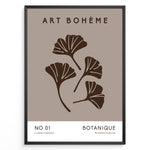 Ladda upp bild till gallerivisning, Framed Art Bohème poster with minimalist brown ginkgo leaves on a taupe background and white lower border with text.
