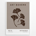 Ladda upp bild till gallerivisning, Framed Art Bohème poster with minimalist brown ginkgo leaves on a taupe background and white lower border with text.

