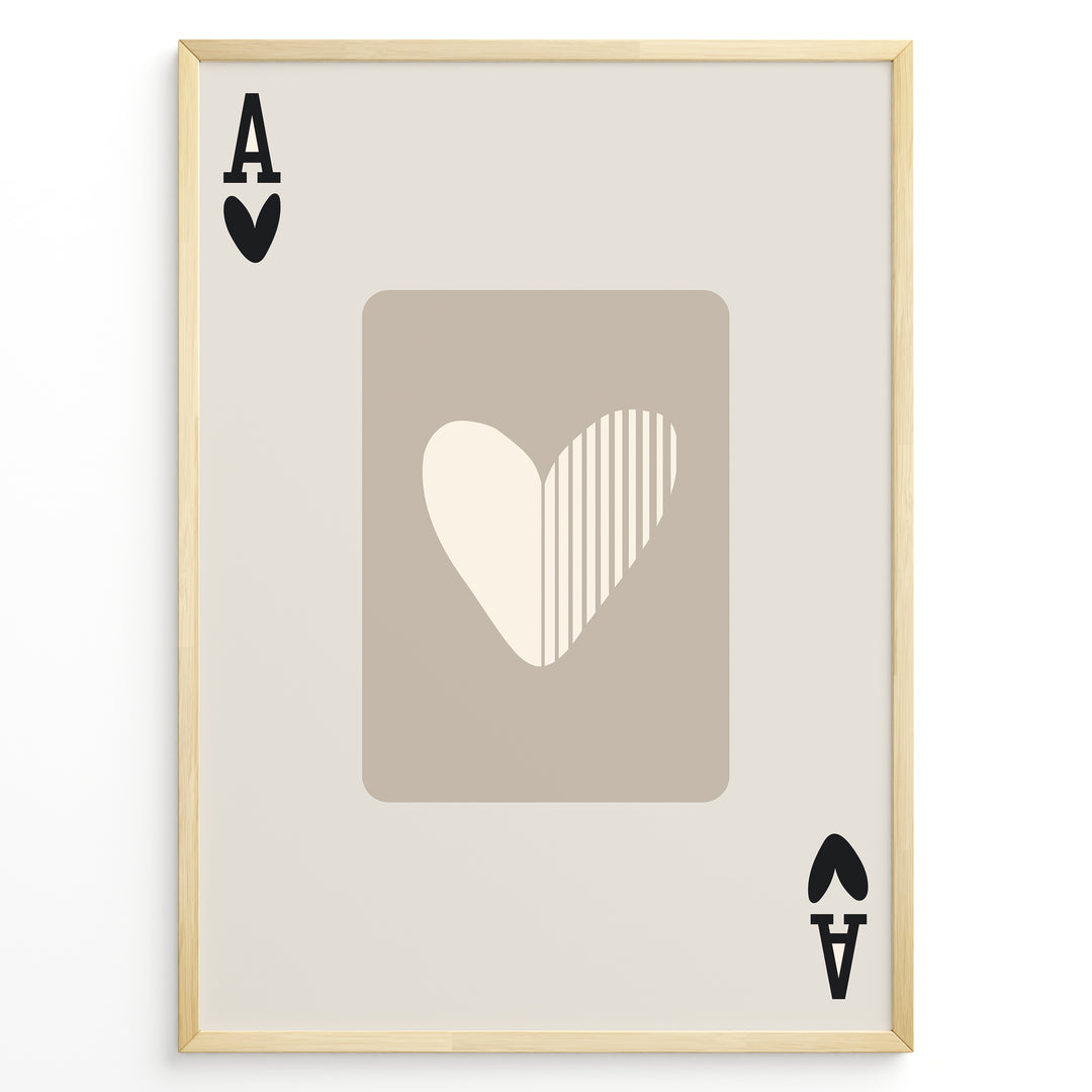 Framed minimalist Ace of Hearts poster with a beige background and abstract heart design in neutral cream and taupe tones.