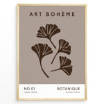 Ladda upp bild till gallerivisning, Framed Art Bohème poster with minimalist brown ginkgo leaves on a taupe background and white lower border with text.
