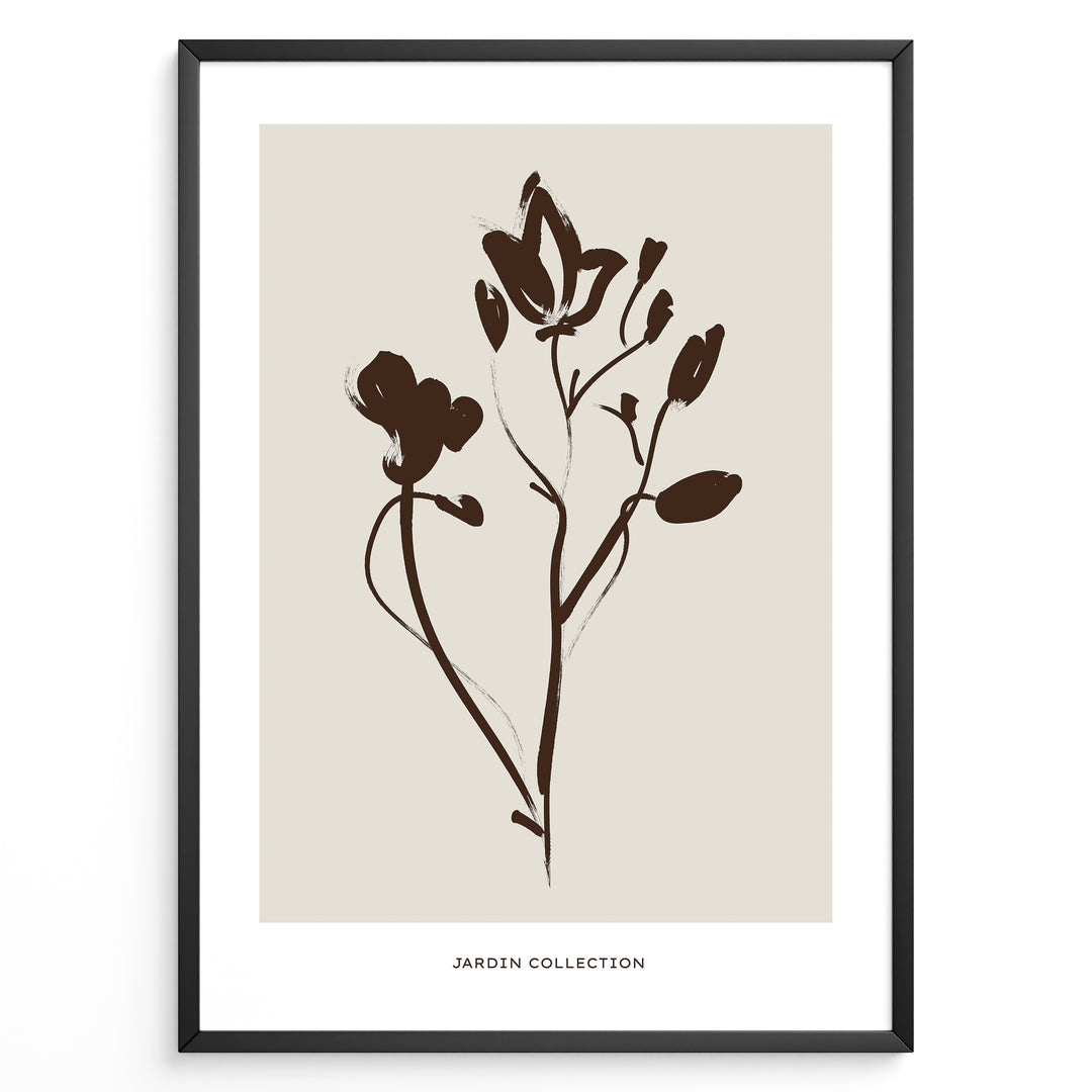 Framed Jardin Collection poster with minimalist brown floral line art on a beige background and white border.