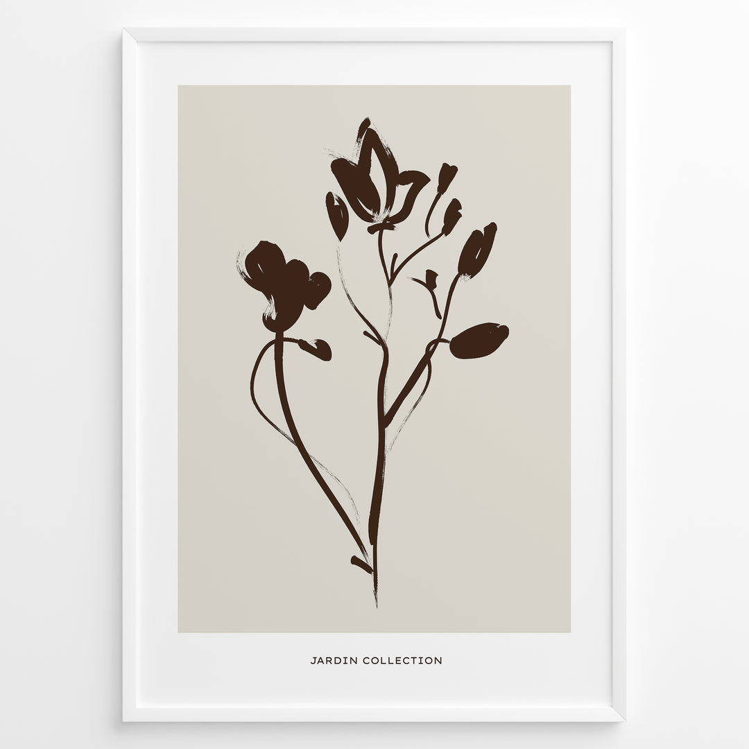 Framed Jardin Collection poster with minimalist brown floral line art on a beige background and white border.