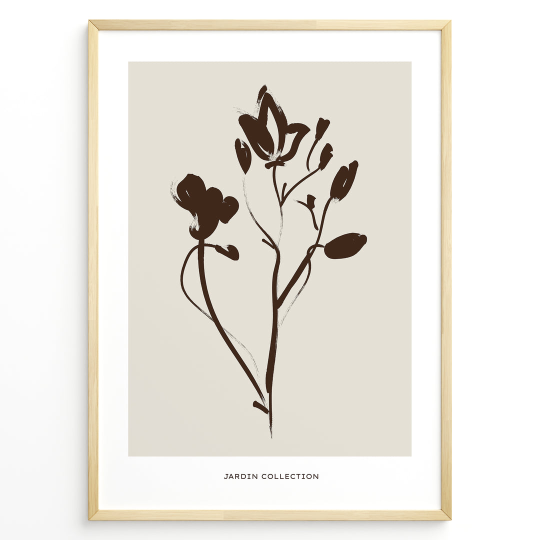 Framed Jardin Collection poster with minimalist brown floral line art on a beige background and white border.