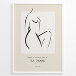 Ladda upp bild till gallerivisning, Framed La Femme poster featuring minimalist female silhouette line art in black on a beige background with modern typography.
